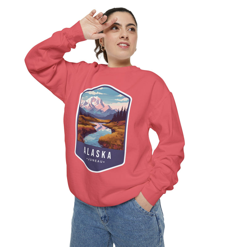 Cozy Alaska Juneau Sweatshirt - Scenic Mountain River Design - Unisex Garment-Dyed Cozy Fleece