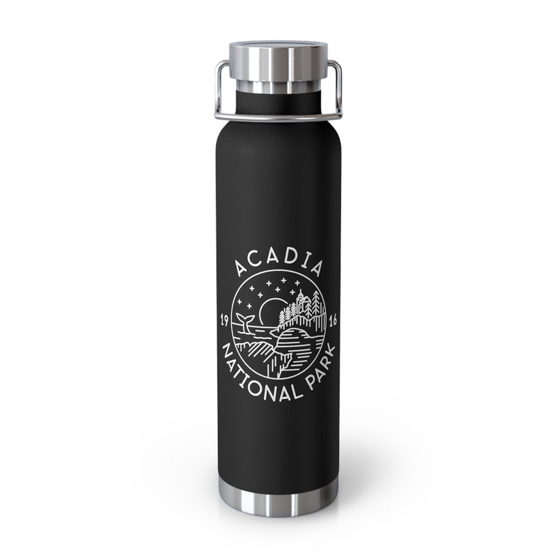 Stainless steel water bottle featuring an Acadia National Park design with a scenic lighthouse illustration, durable powder-coated finish.