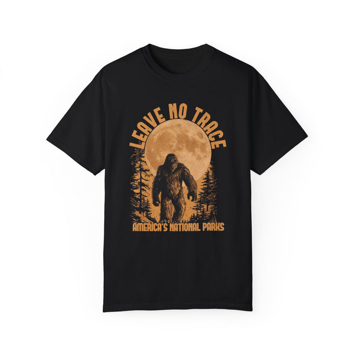 T-shirt featuring a Bigfoot silhouette against a full moon with text "Leave No Trace America's National Parks."