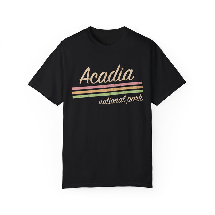 Acadia National Park T-shirt featuring a retro design with pastel stripes and "Acadia national park" text.