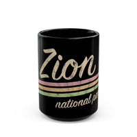 Black ceramic mug featuring a retro text design of Zion National Park.