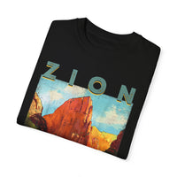 T-shirt featuring a scenic landscape design of Zion National Park.