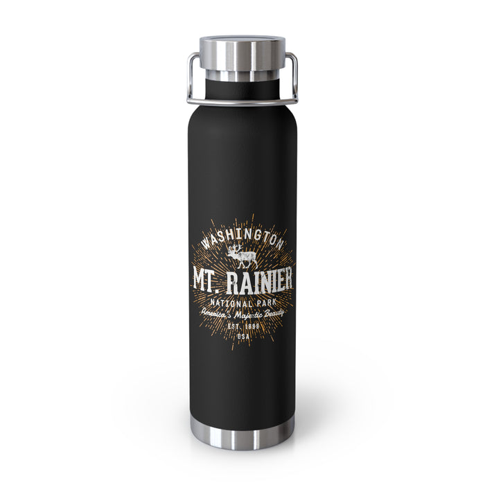 Stainless steel water bottle featuring Mt. Rainier National Park design, with a sturdy handle and powder-coated finish.