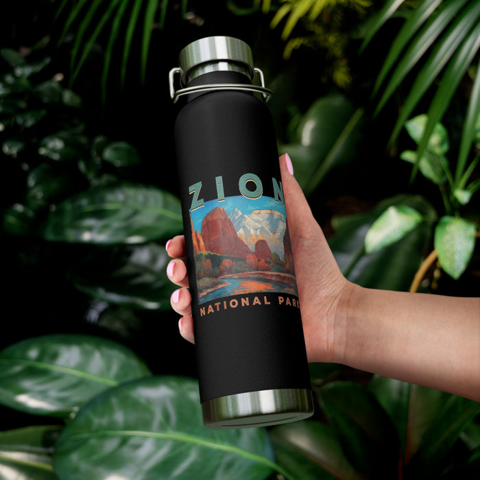 Image of a stainless steel water bottle featuring a scenic design from Zion National Park in Utah.