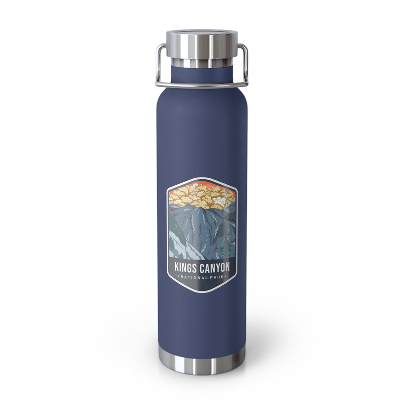 Navy stainless steel water bottle with a scenic design of Kings Canyon National Park.