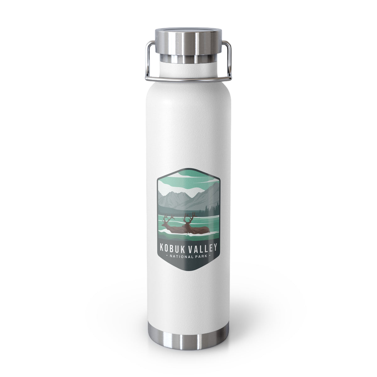 White stainless steel water bottle with a scenic design of Kobuk Valley National Park.