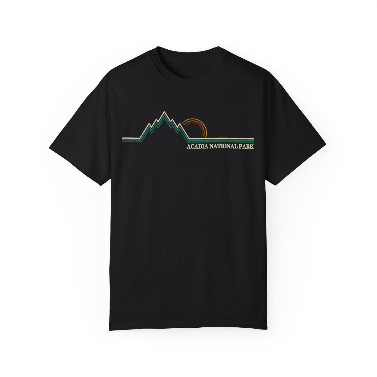 T-shirt with Acadia National Park text and a scenic mountain graphic.