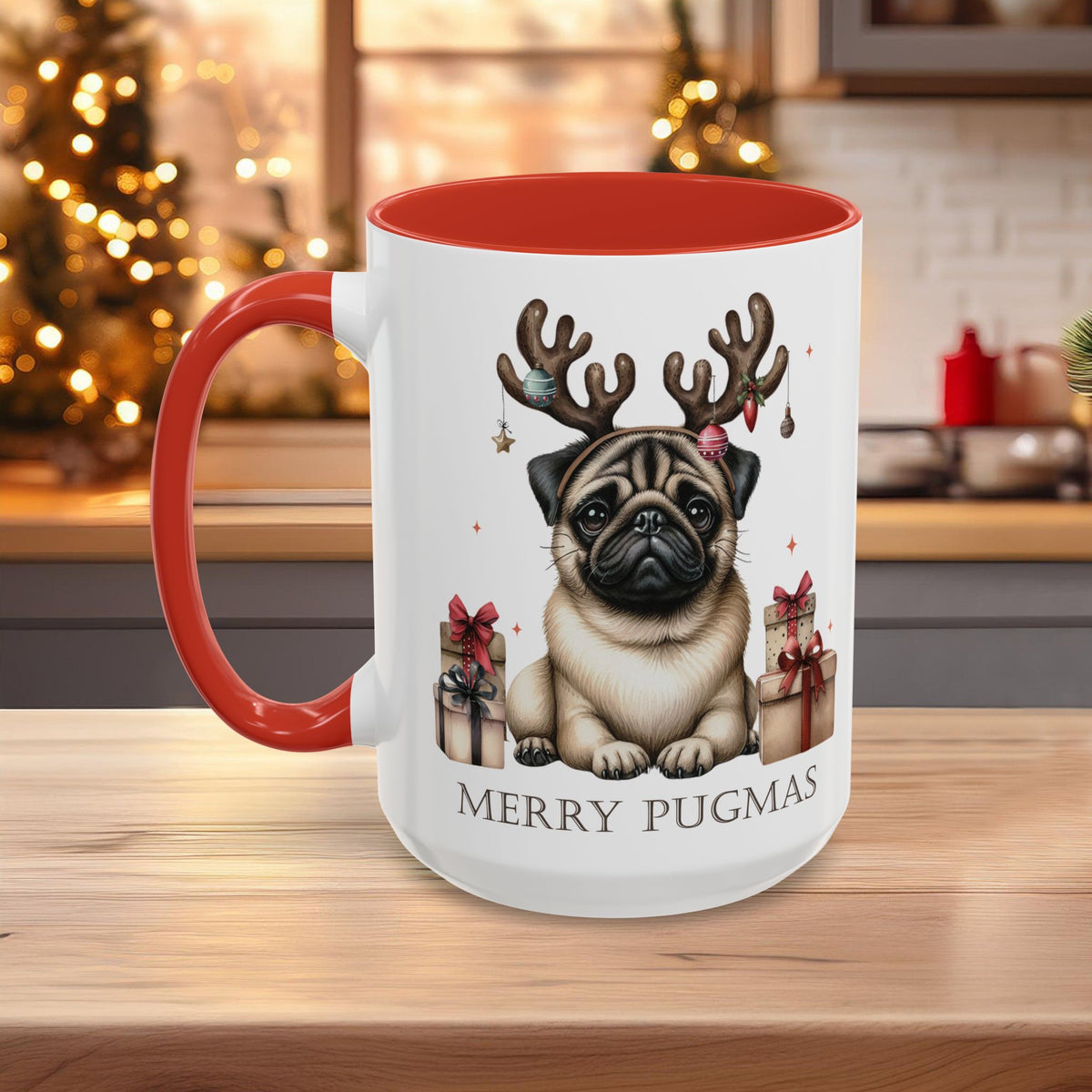 Merry Pugmas Christmas Mug, Cute Pug Dog Design with Free Shipping, Microwave and Dishwasher Safe