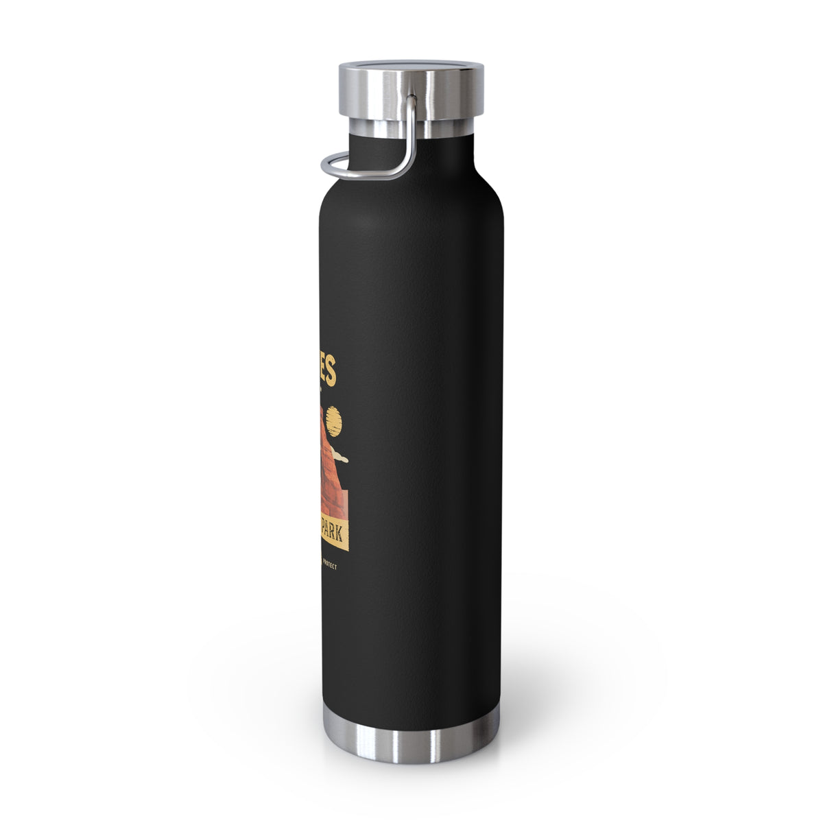 Image of a stainless steel water bottle featuring a design from Arches National Park in Utah.