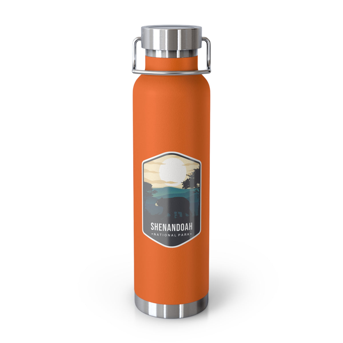 Orange stainless steel water bottle featuring a design of Shenandoah National Park with mountain and sunset scenery.