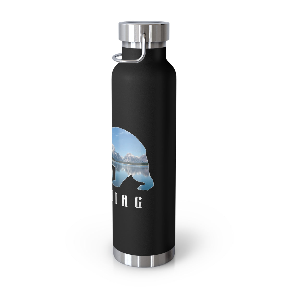 Grand Teton National Park souvenir water bottle featuring a bear scene design with stainless steel construction.