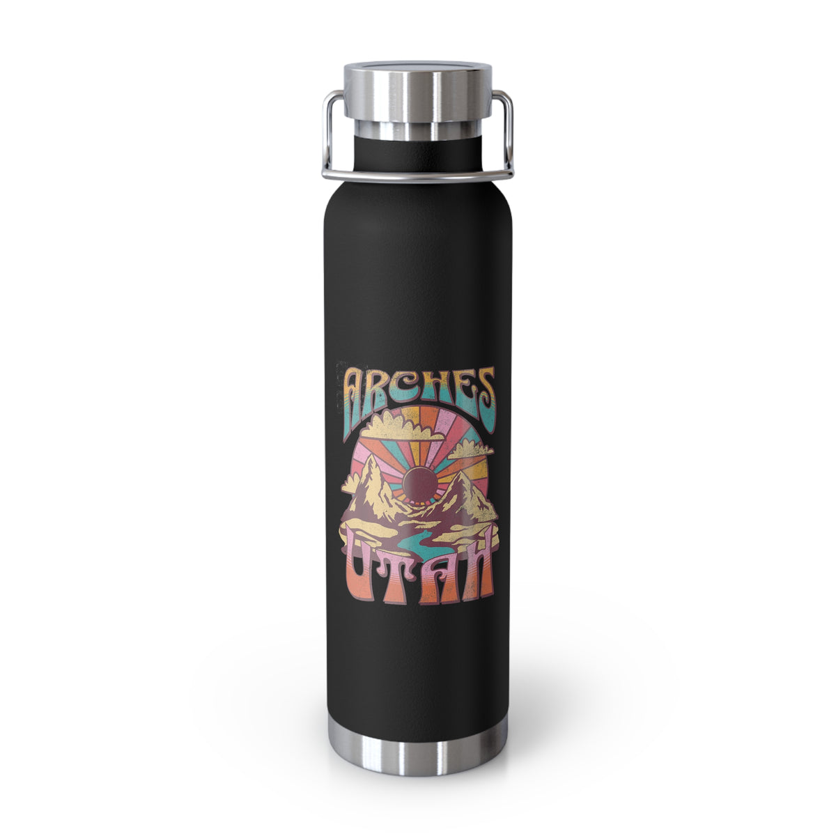 Image of a stainless steel water bottle featuring a design from Arches National Park in Utah.