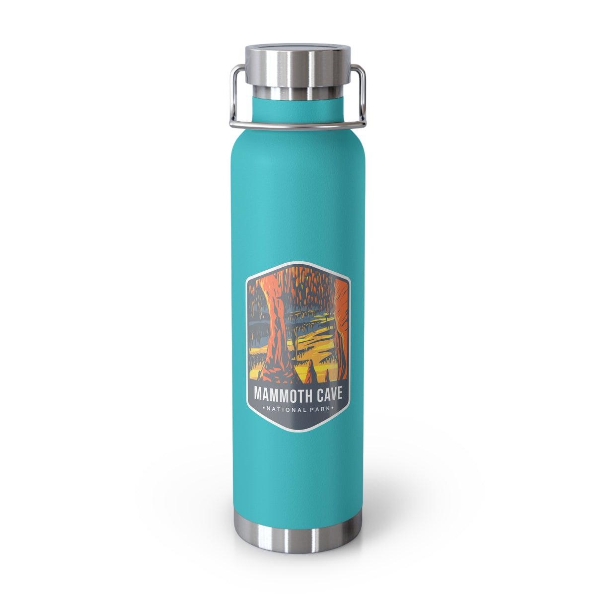 Mint green stainless steel water bottle with a scenic design of Mammoth Cave National Park.