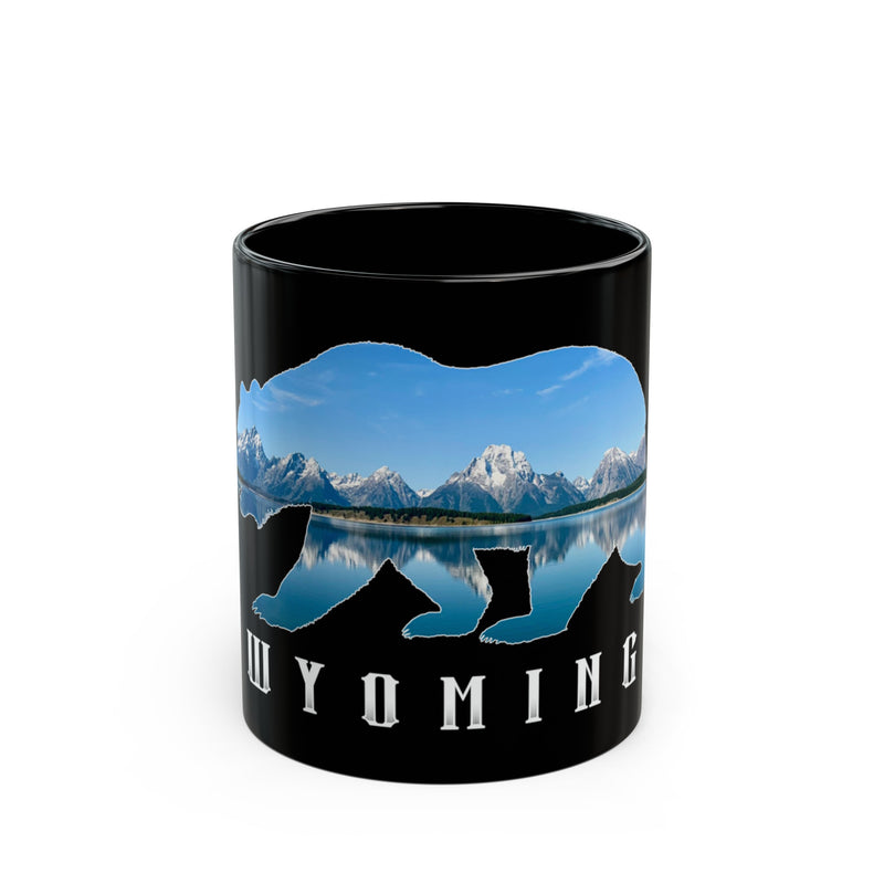 Wyoming Grand Teton National Park souvenir mug featuring a bear silhouette with a mountain landscape design.