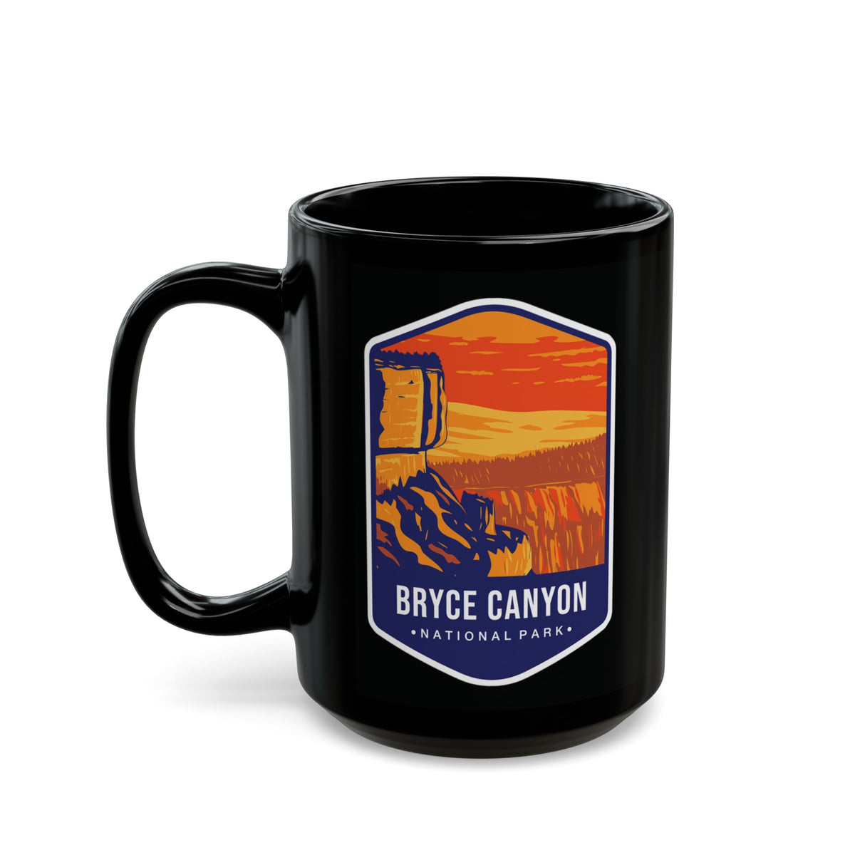 Ceramic mug featuring a scenic design with cliffs and a sunset, representing Bryce Canyon National Park.