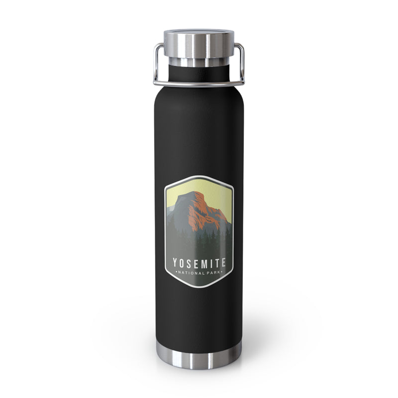 Black stainless steel water bottle featuring a design of Yosemite National Park with a mountain and forest scenery.