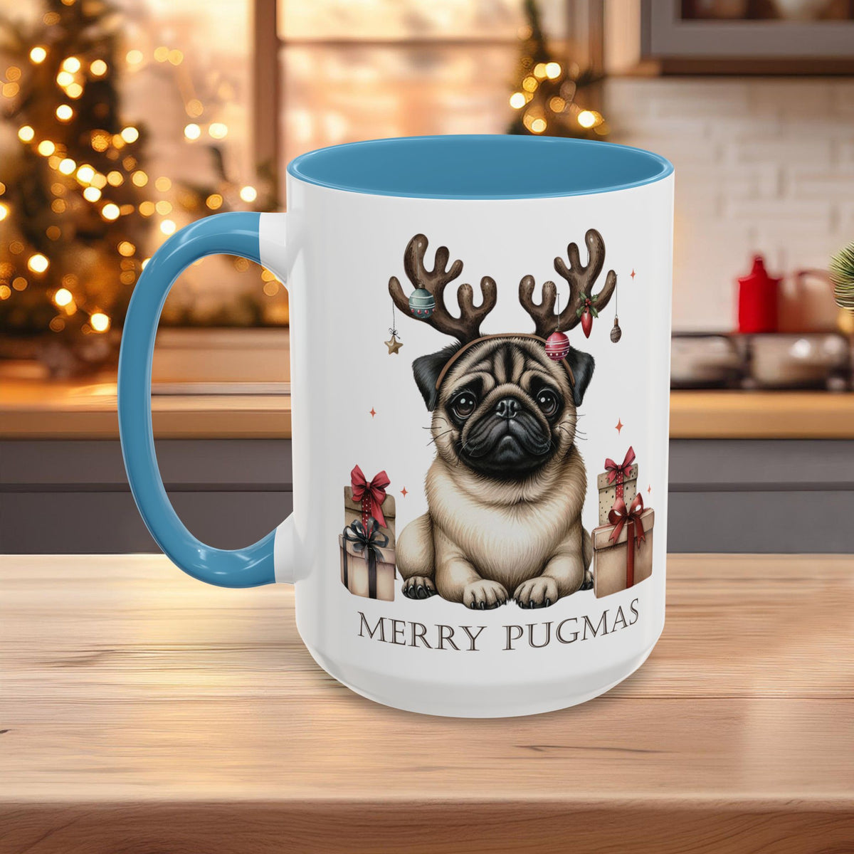 Merry Pugmas Christmas Mug, Cute Pug Dog Design with Free Shipping, Microwave and Dishwasher Safe