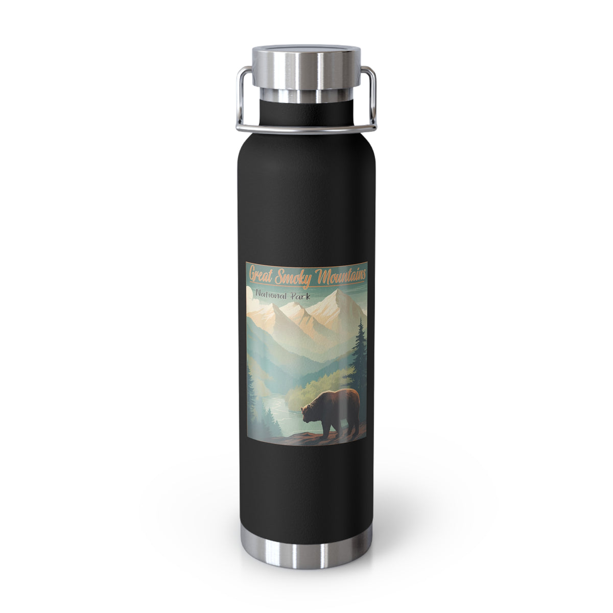 Image of an insulated souvenir bottle featuring a scenic bear and mountain design from Great Smoky Mountains National Park, with the text "Tennessee & North Carolina."