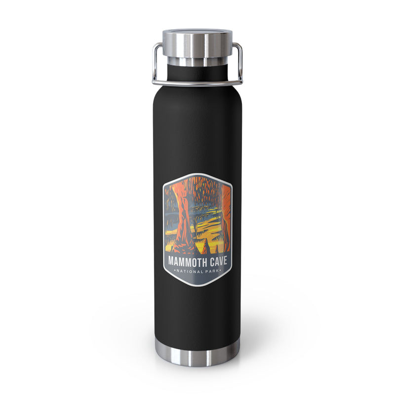 Black stainless steel water bottle with a scenic design of Mammoth Cave National Park.