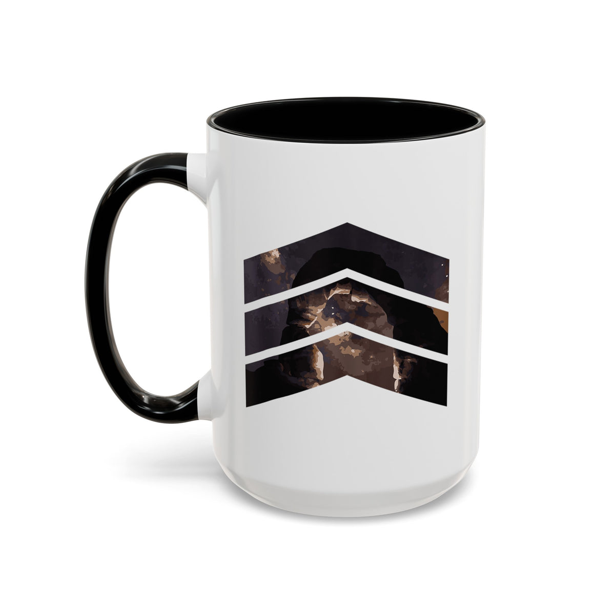 15 oz ceramic mug with black handle featuring a mountain design with three chevrons, representing Arches National Park.