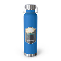 Pebble blue stainless steel water bottle featuring a design of Shenandoah National Park with mountain and sunset scenery.