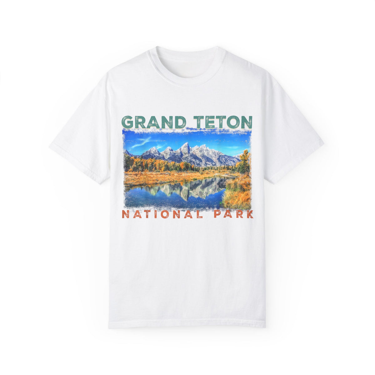 Grand Teton National Park T-shirt featuring a graphic design of a mountain and lake scene.