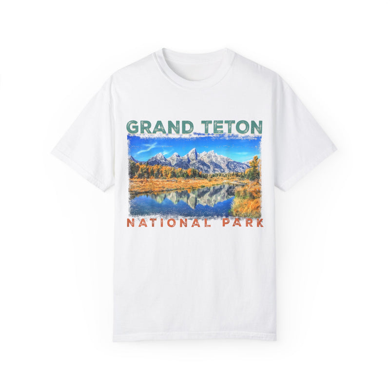 Grand Teton National Park T-shirt featuring a graphic design of a mountain and lake scene.