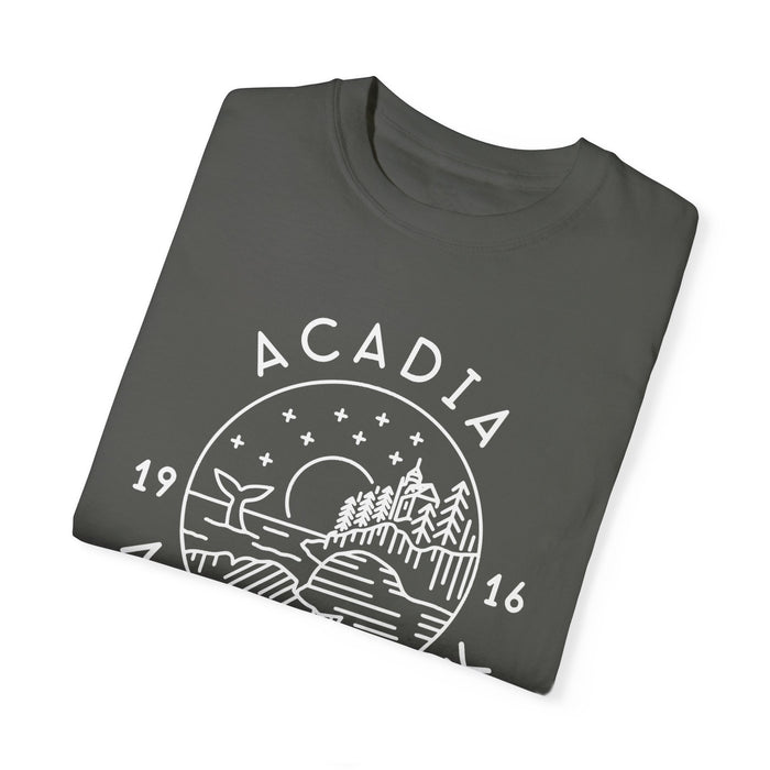 Acadia National Park T-shirt featuring a night sky design with stars, trees, and a scenic view with "Acadia" text.