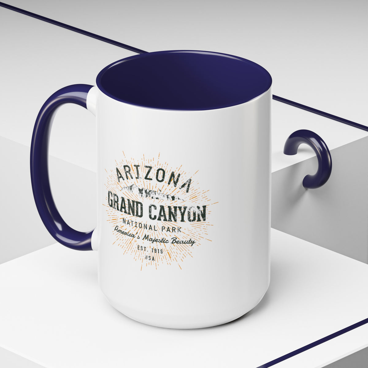 Grand Canyon National Park souvenir mug with a retro Arizona design and text.