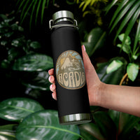 Stainless steel water bottle featuring an Acadia National Park design with an iconic scenic illustration, durable powder-coated finish.