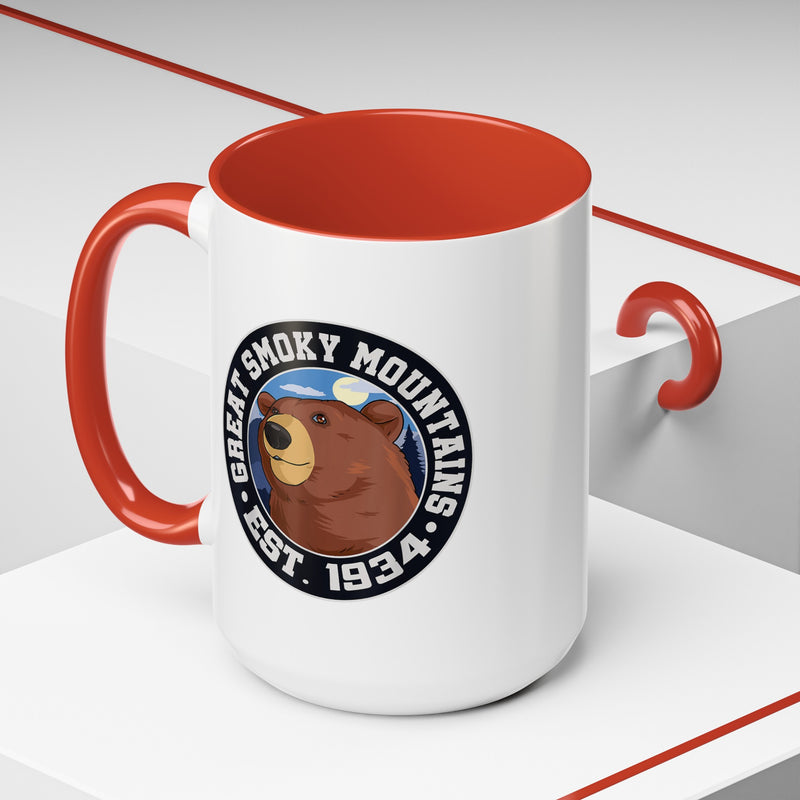 15 oz red ceramic mug featuring an illustration of a bear with the text "Great Smoky Mountains Est. 1934."