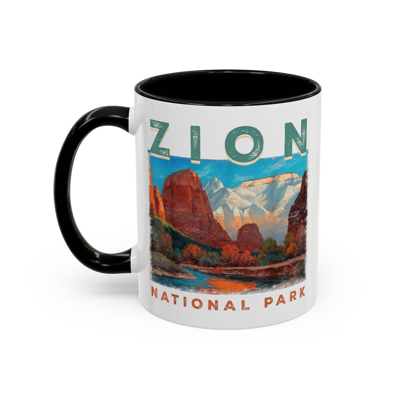 White ceramic mug with a contrasting handle and interior, featuring a scenic landscape design of Zion National Park.