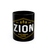 Ceramic mug featuring an Est. 1919 design of Zion National Park, ideal as a souvenir.