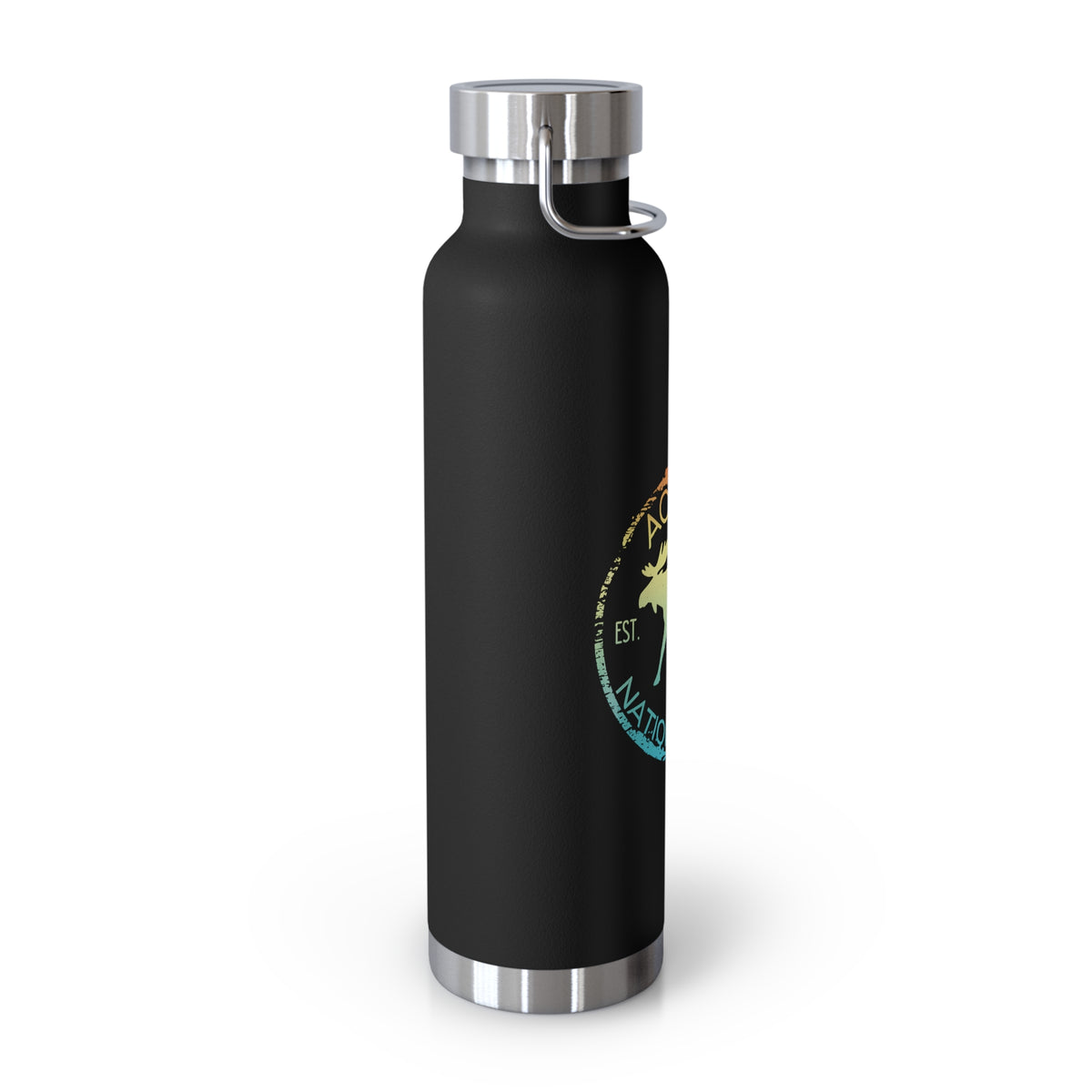 Stainless steel water bottle featuring an Acadia National Park design with a moose and scenic illustration, durable powder-coated finish.