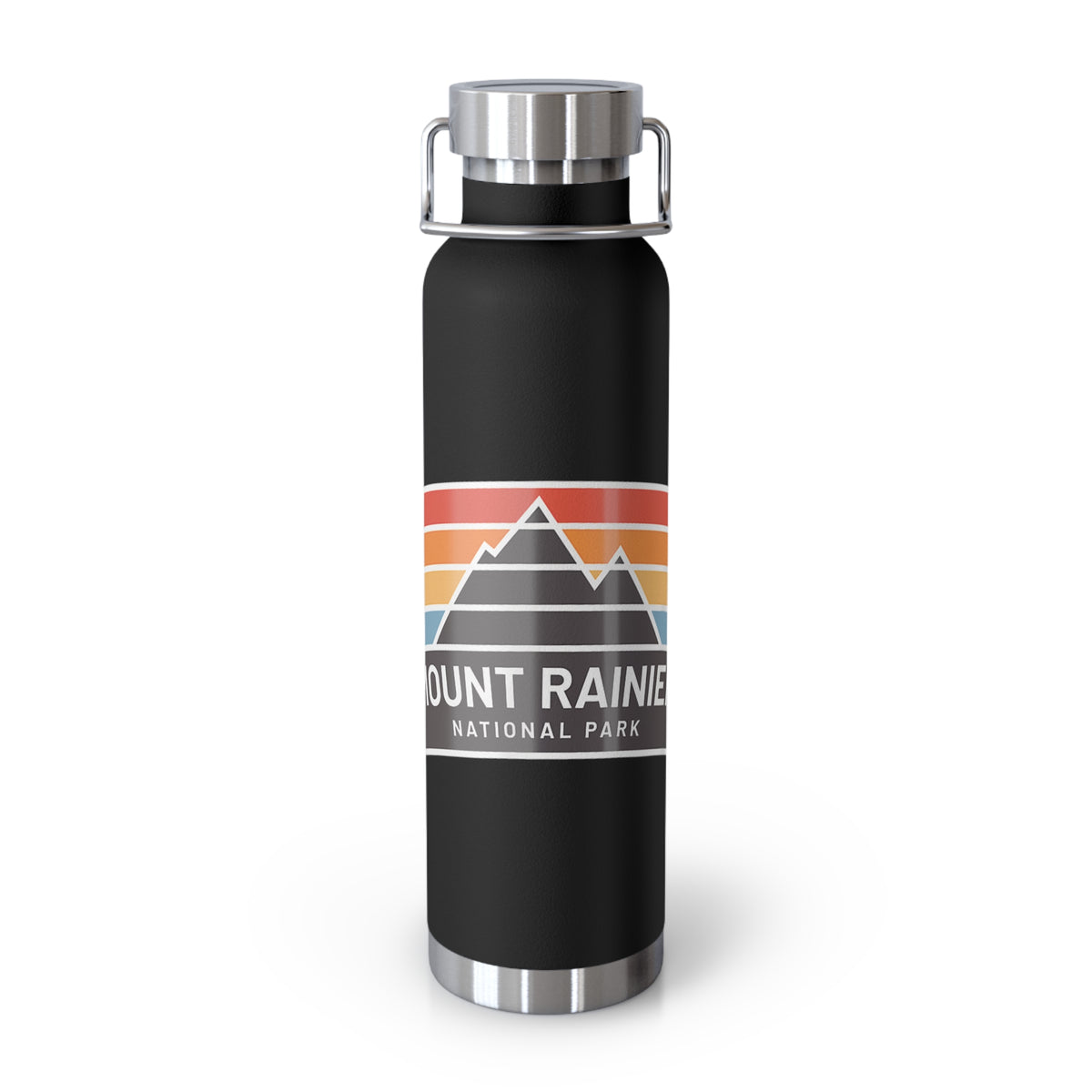 Mount Rainier water bottle with a retro national park design.