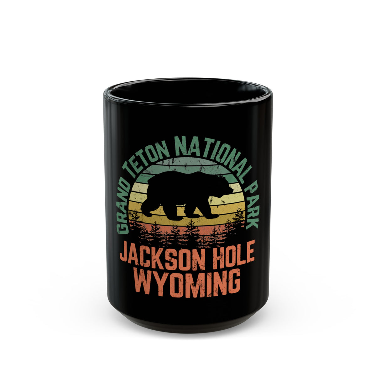 Grand Teton National Park souvenir mug with bear and sunset design, Jackson Hole, Wyoming.