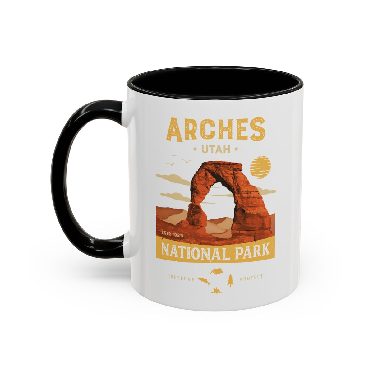 White 11 oz ceramic coffee mug with a black handle, featuring a detailed design of Arches National Park, Utah. Perfect for coffee or tea lovers.