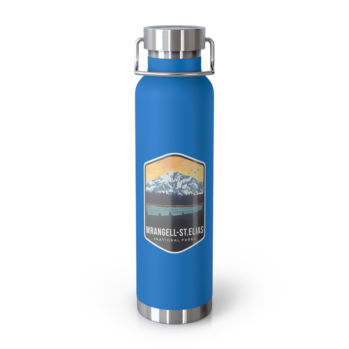 Pebble Blue stainless steel water bottle featuring a design of Wrangell-St. Elias National Park with mountain and sunset scenery.