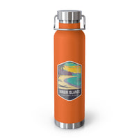 Orange stainless steel water bottle featuring a design of Virgin Islands National Park with a beach and palm trees.