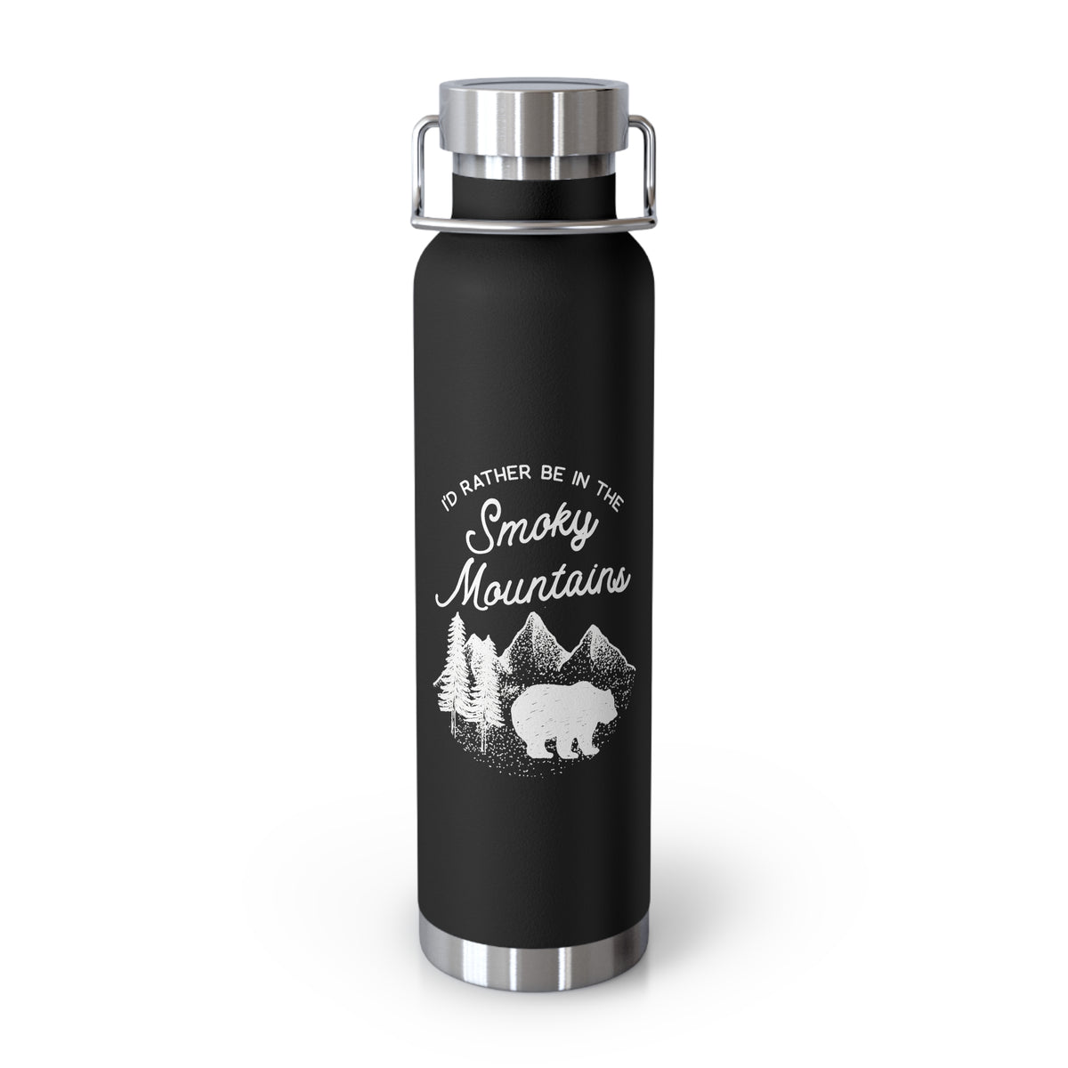 Image of an insulated souvenir bottle with a bear, trees, and mountain design, featuring the text "I'd Rather Be in the Smoky Mountains."