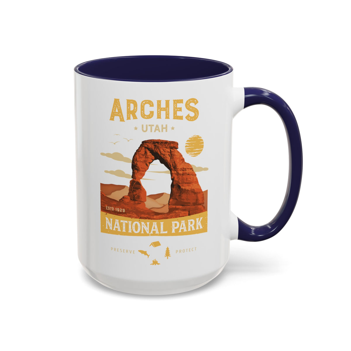 White 15 oz ceramic coffee mug with a navy handle, featuring a detailed design of Arches National Park, Utah. Perfect for coffee or tea lovers.