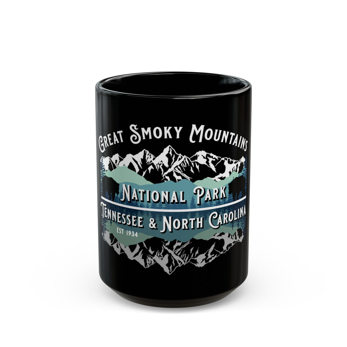 Ceramic mug featuring an illustration of Great Smoky Mountains National Park with mountain peaks and the text "Tennessee & North Carolina."