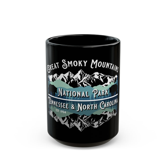 Ceramic mug featuring an illustration of Great Smoky Mountains National Park with mountain peaks and the text "Tennessee & North Carolina."