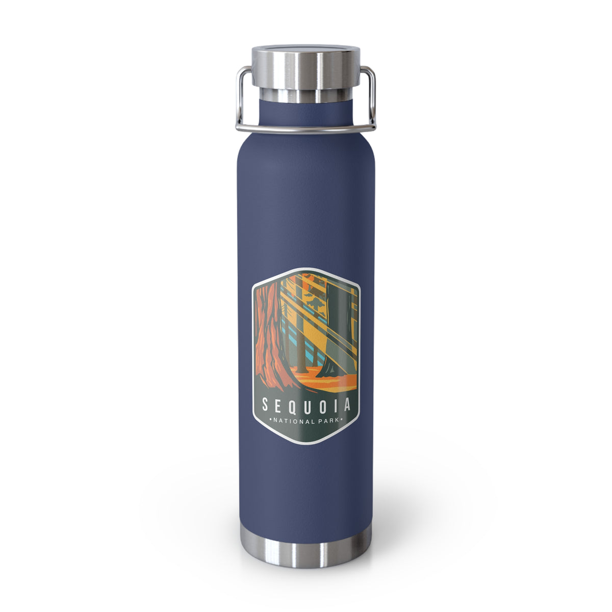 Navy stainless steel water bottle featuring a design of Sequoia National Park with tall sequoia trees.