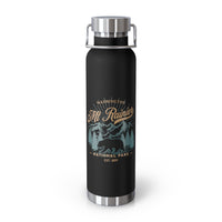 Stainless steel water bottle featuring a Mount Rainier National Park design with a bear and mountain illustration, durable powder-coated finish.