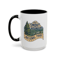 15 oz black ceramic mug featuring an illustration of Great Smoky Mountains National Park with a scenic view and trees, labeled Tennessee.