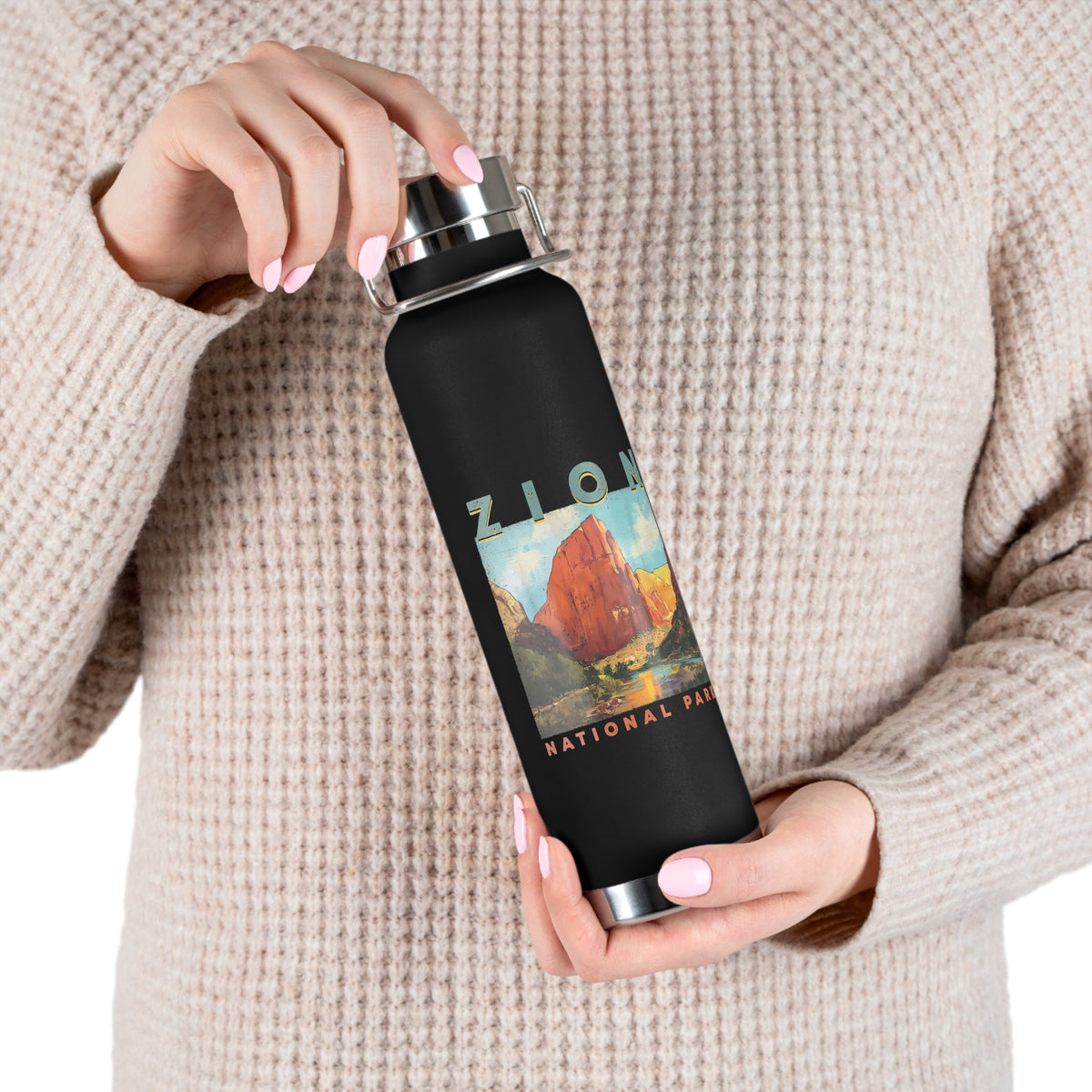 Image of a stainless steel water bottle featuring a landscape design from Zion National Park in Utah.