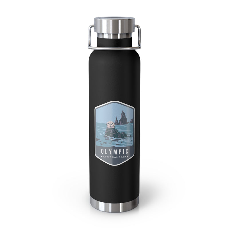 Black stainless steel water bottle featuring an Olympic National Park design with an otter swimming in the ocean.