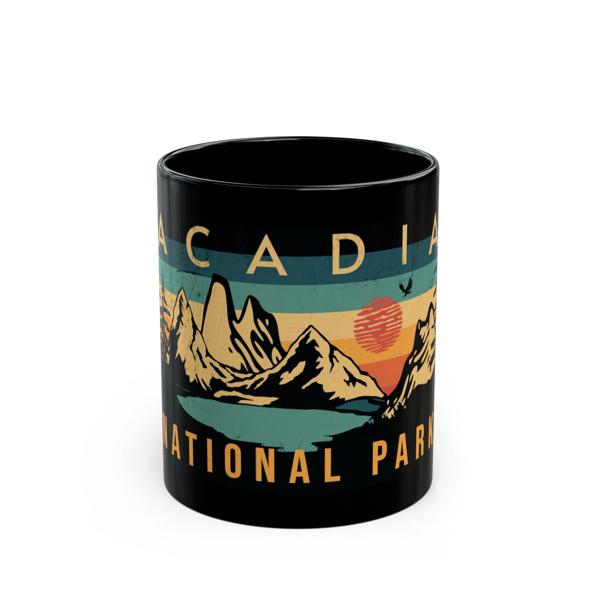 Ceramic coffee mug with a scenic mountain design featuring Acadia National Park and a sunset.