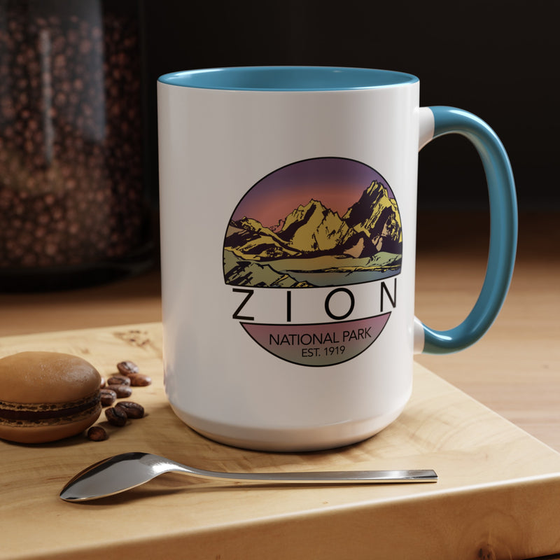 Ceramic mug featuring a mountain design of Zion National Park, perfect as a souvenir.